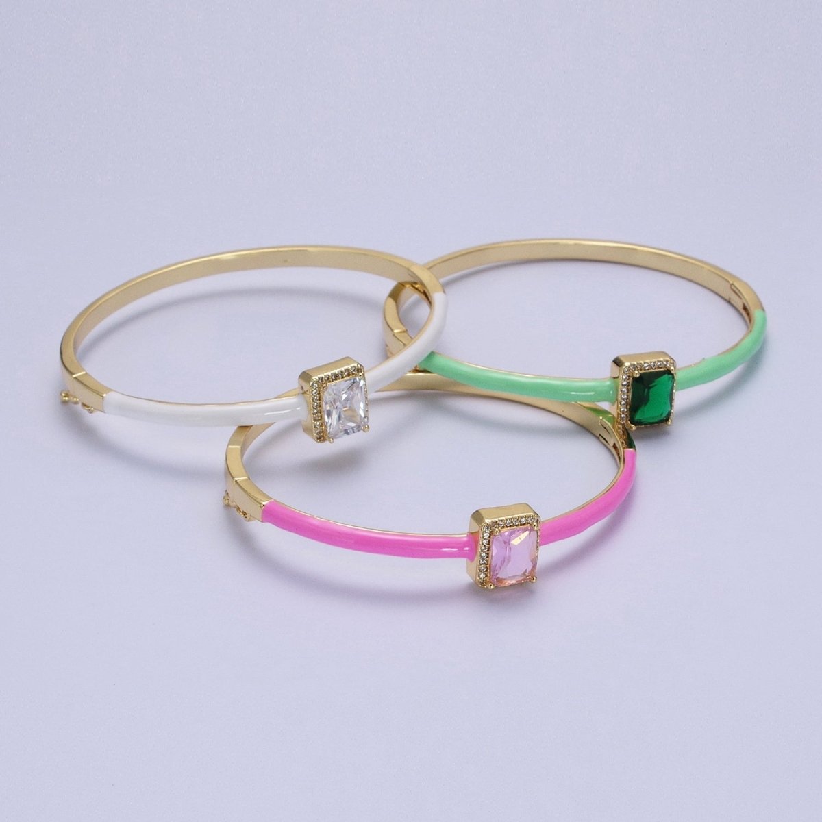 Barbie core Gold Filled Baguette White, Green, Pink Micro Paved Enamel Gold Bangle Bracelet | WA-1354 - WA-1356 Clearance Pricing