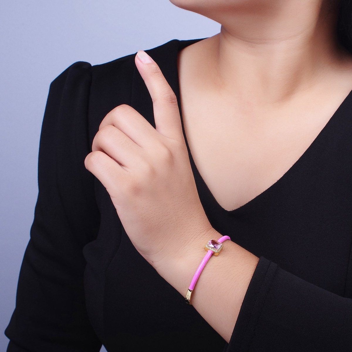 Barbie core Gold Filled Baguette White, Green, Pink Micro Paved Enamel Gold Bangle Bracelet | WA-1354 - WA-1356 Clearance Pricing