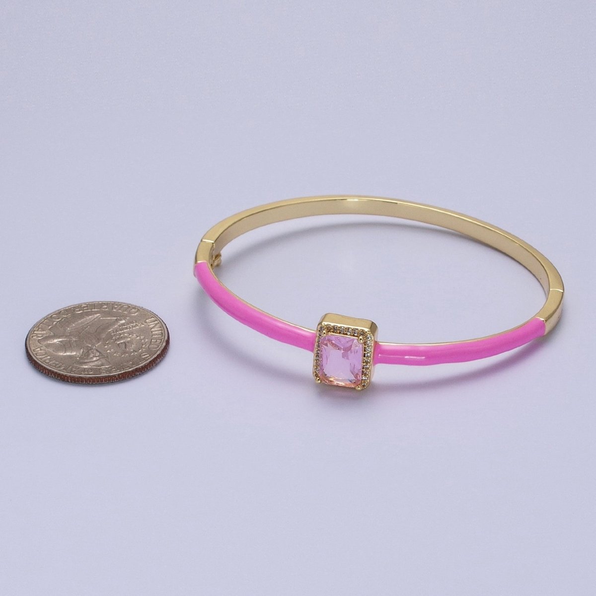 Barbie core Gold Filled Baguette White, Green, Pink Micro Paved Enamel Gold Bangle Bracelet | WA-1354 - WA-1356 Clearance Pricing