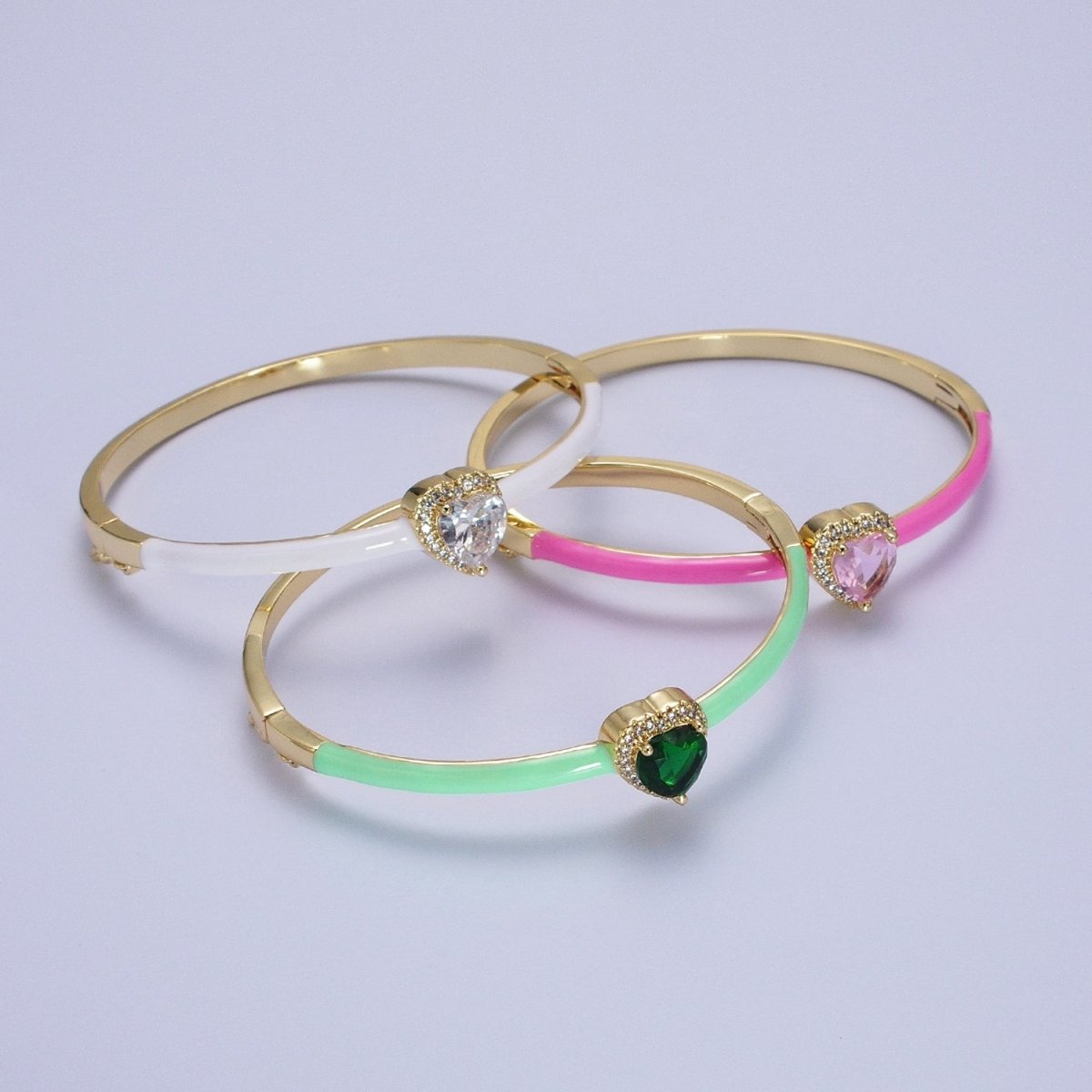 Barbie core Gold Filled Heart White, Green, Pink Micro Paved Enamel Gold Bangle Bracelet | WA-1351 - WA-1353 Clearance Pricing