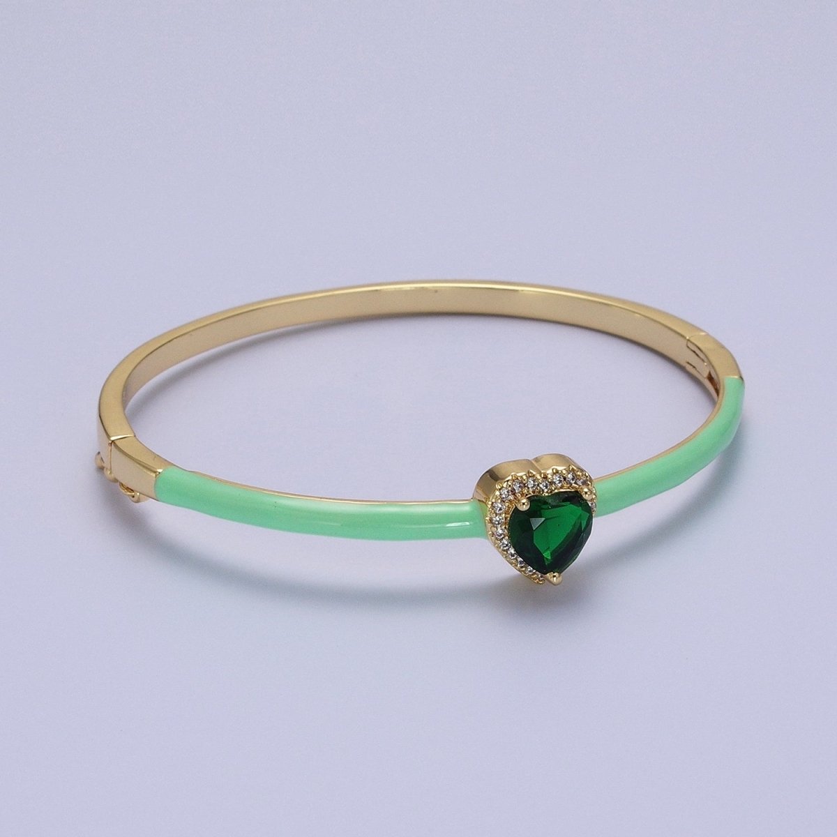 Barbie core Gold Filled Heart White, Green, Pink Micro Paved Enamel Gold Bangle Bracelet | WA-1351 - WA-1353 Clearance Pricing