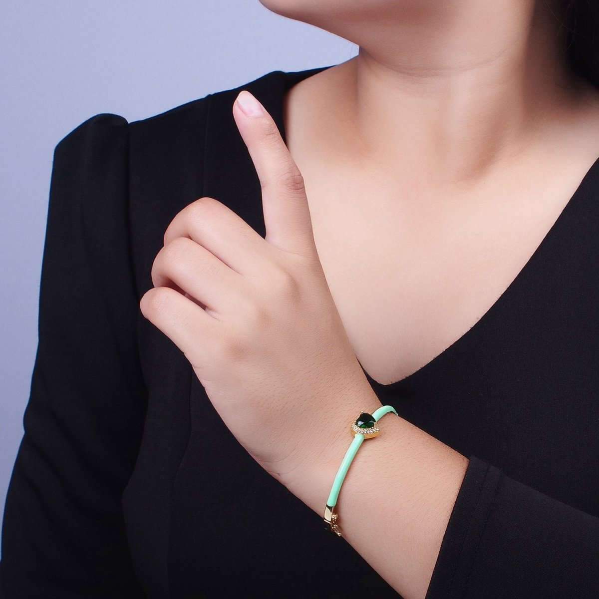 Barbie core Gold Filled Heart White, Green, Pink Micro Paved Enamel Gold Bangle Bracelet | WA-1351 - WA-1353 Clearance Pricing