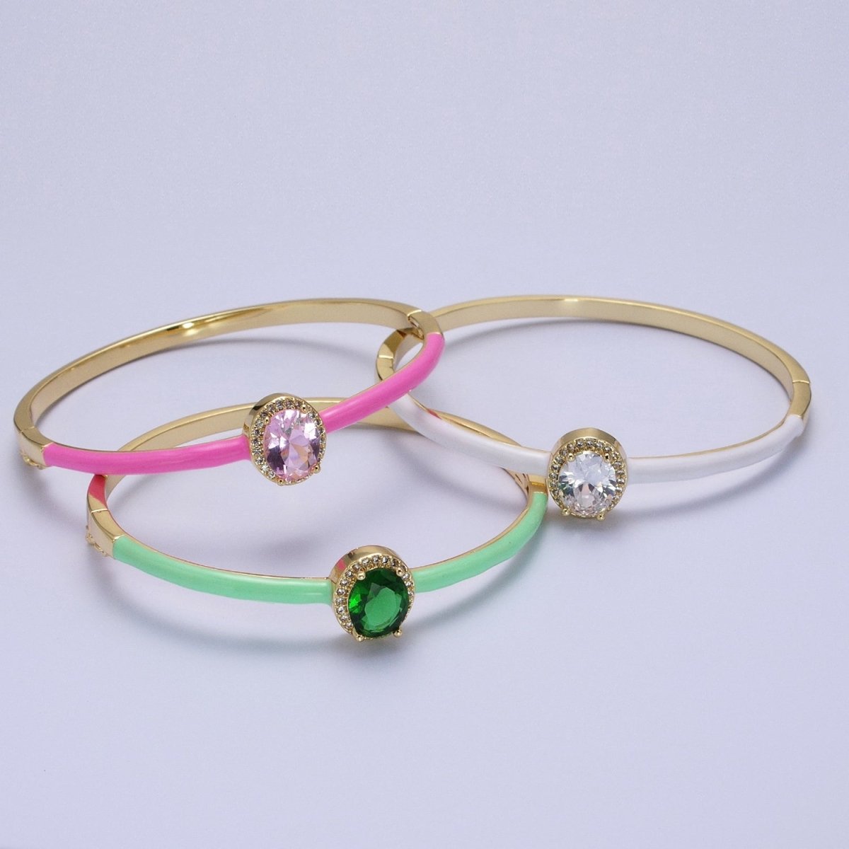 Barbie core Gold Filled Oval White, Green, Pink Micro Paved Enamel Gold Bangle Bracelet | WA-1348 - WA-1350 Clearance Pricing