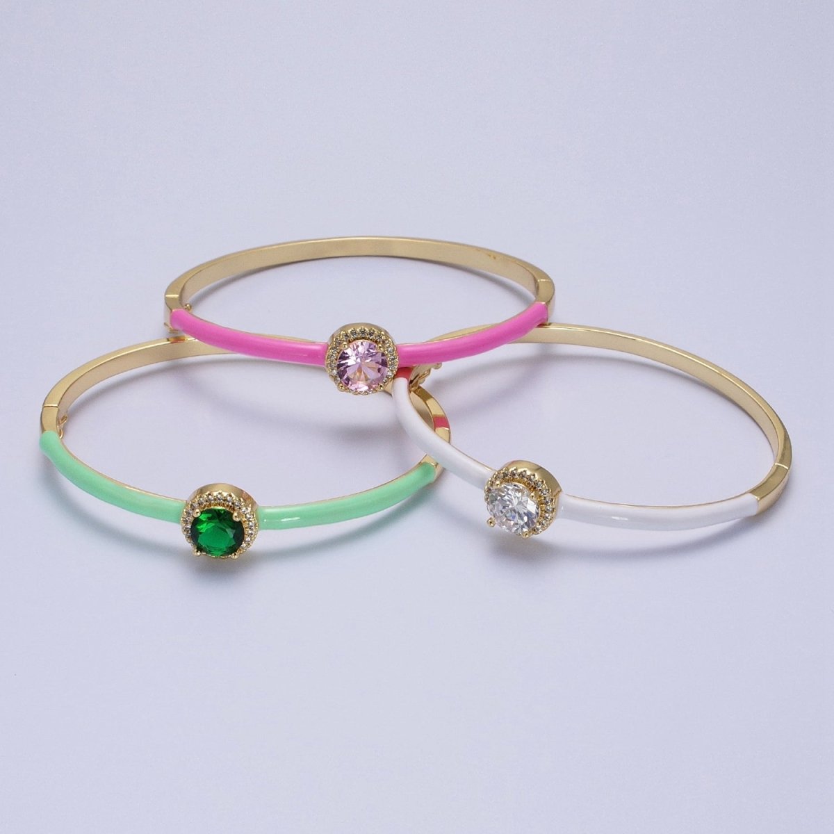 Barbie core Gold Filled Round White, Green, Pink Micro Paved Enamel Gold Bangle Bracelet | WA-1340 - WA-1342 Clearance Pricing