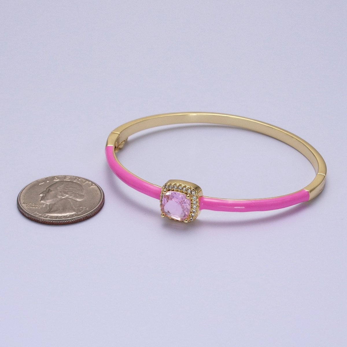 Barbie core Gold Filled Square White, Green, Pink Micro Paved Enamel Gold Bangle Bracelet | WA-1343 - WA-1345 Clearance Pricing