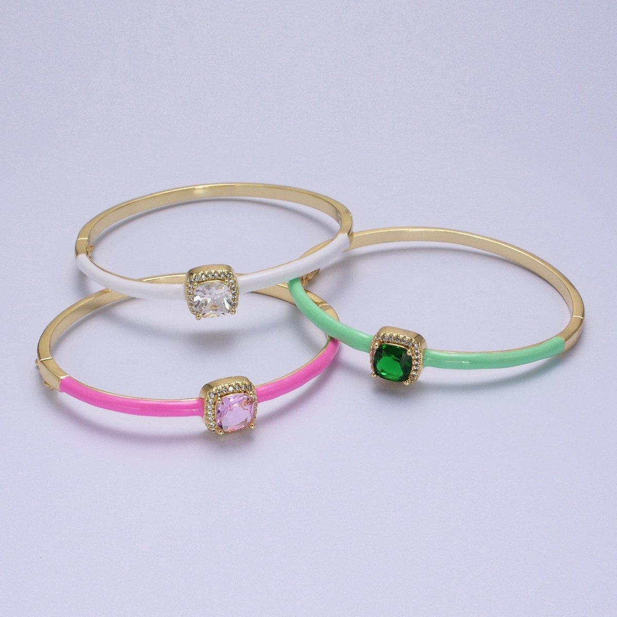 Barbie core Gold Filled Square White, Green, Pink Micro Paved Enamel Gold Bangle Bracelet | WA-1343 - WA-1345 Clearance Pricing