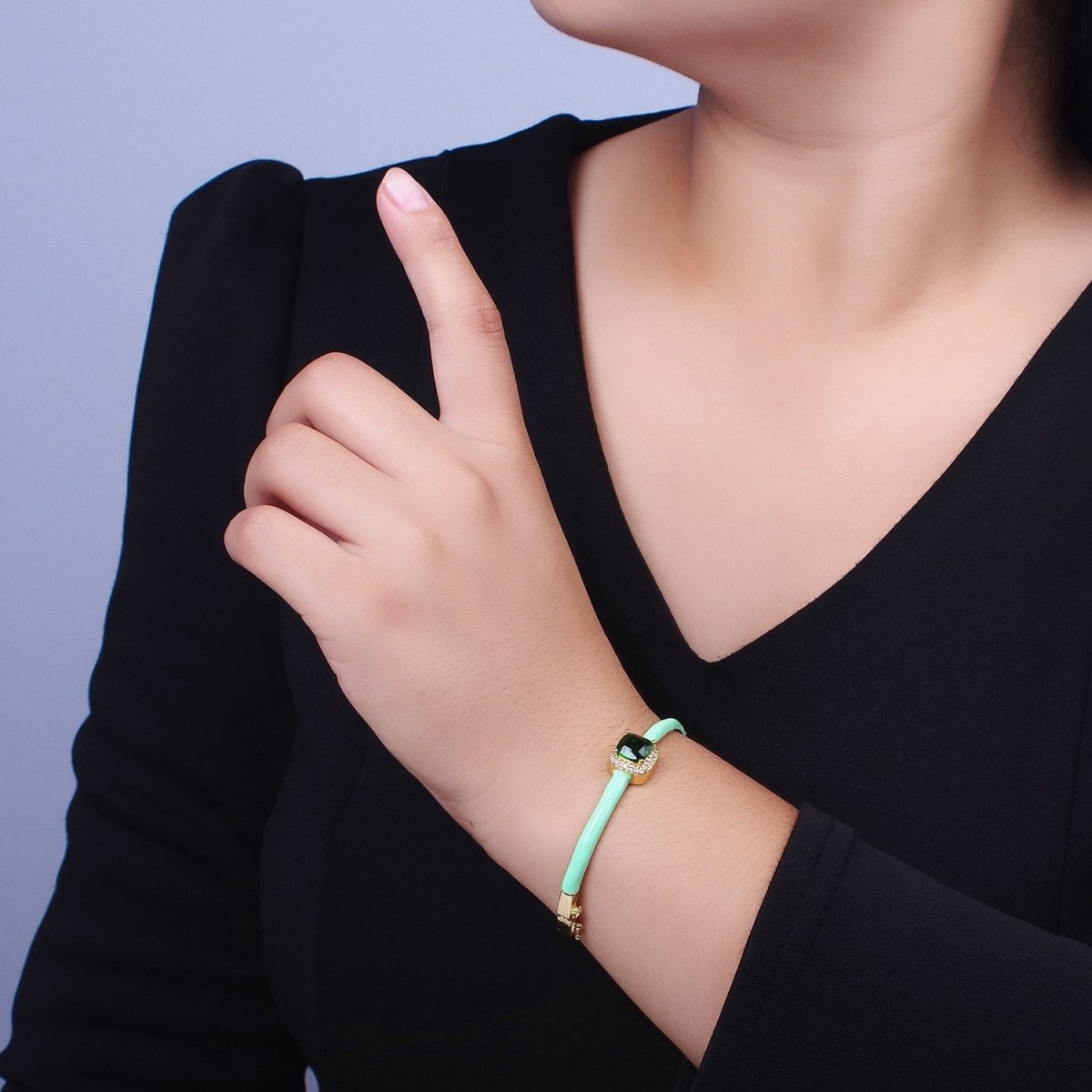 Barbie core Gold Filled Square White, Green, Pink Micro Paved Enamel Gold Bangle Bracelet | WA-1343 - WA-1345 Clearance Pricing