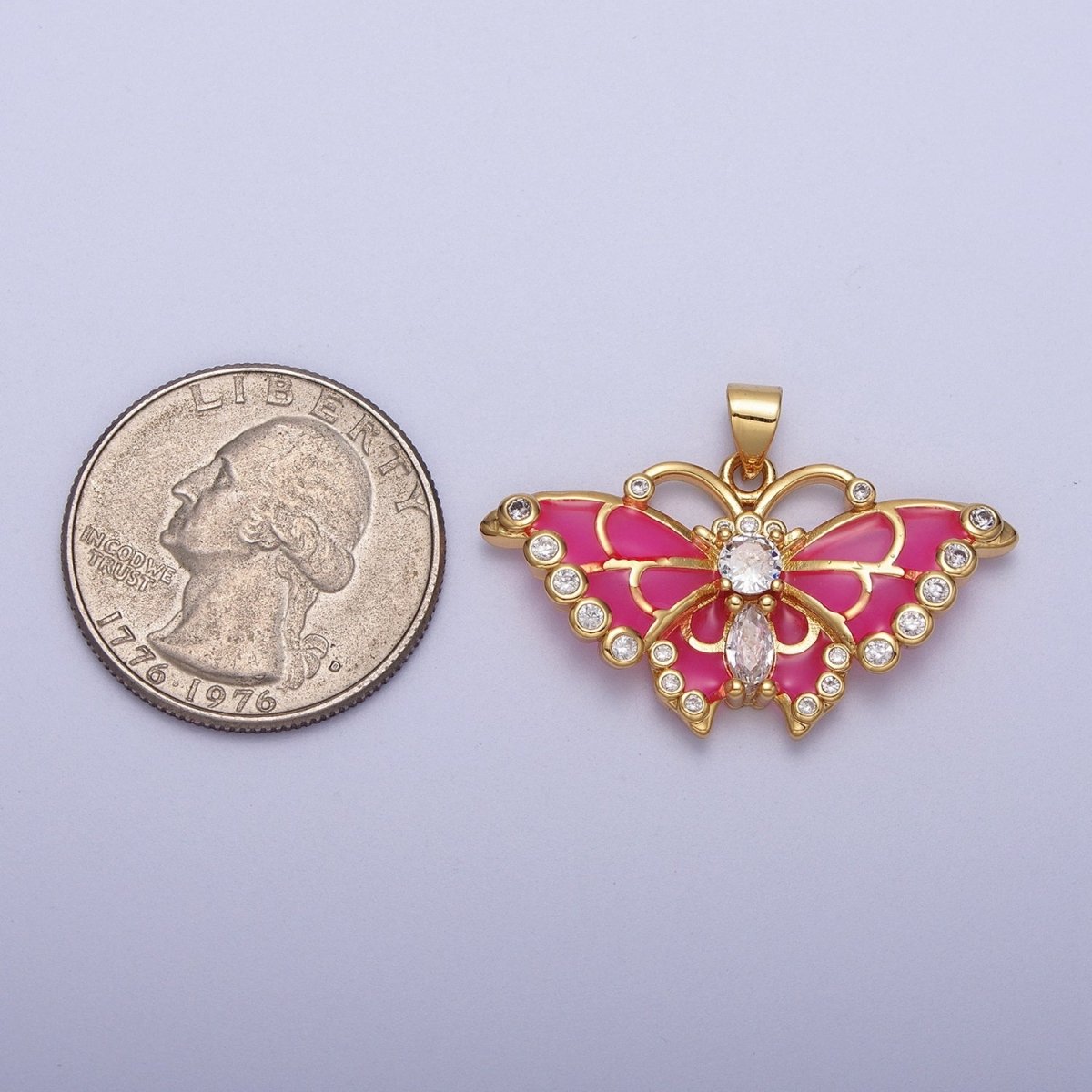 Barbiecore Hot Pink Mariposa Butterfly Enamel Gold Pendant H-266 - DLUXCA