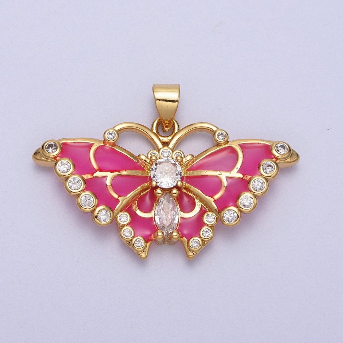 Barbiecore Hot Pink Mariposa Butterfly Enamel Gold Pendant H-266 - DLUXCA
