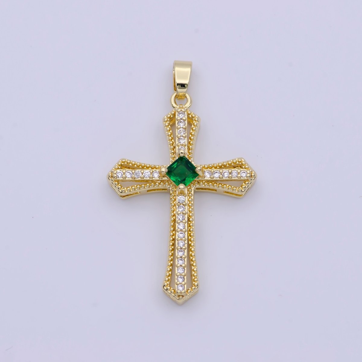 Beaded Micro Paved Rhombus CZ Clear, Pink, Green Religious Cross Pendant | X-494-X-496