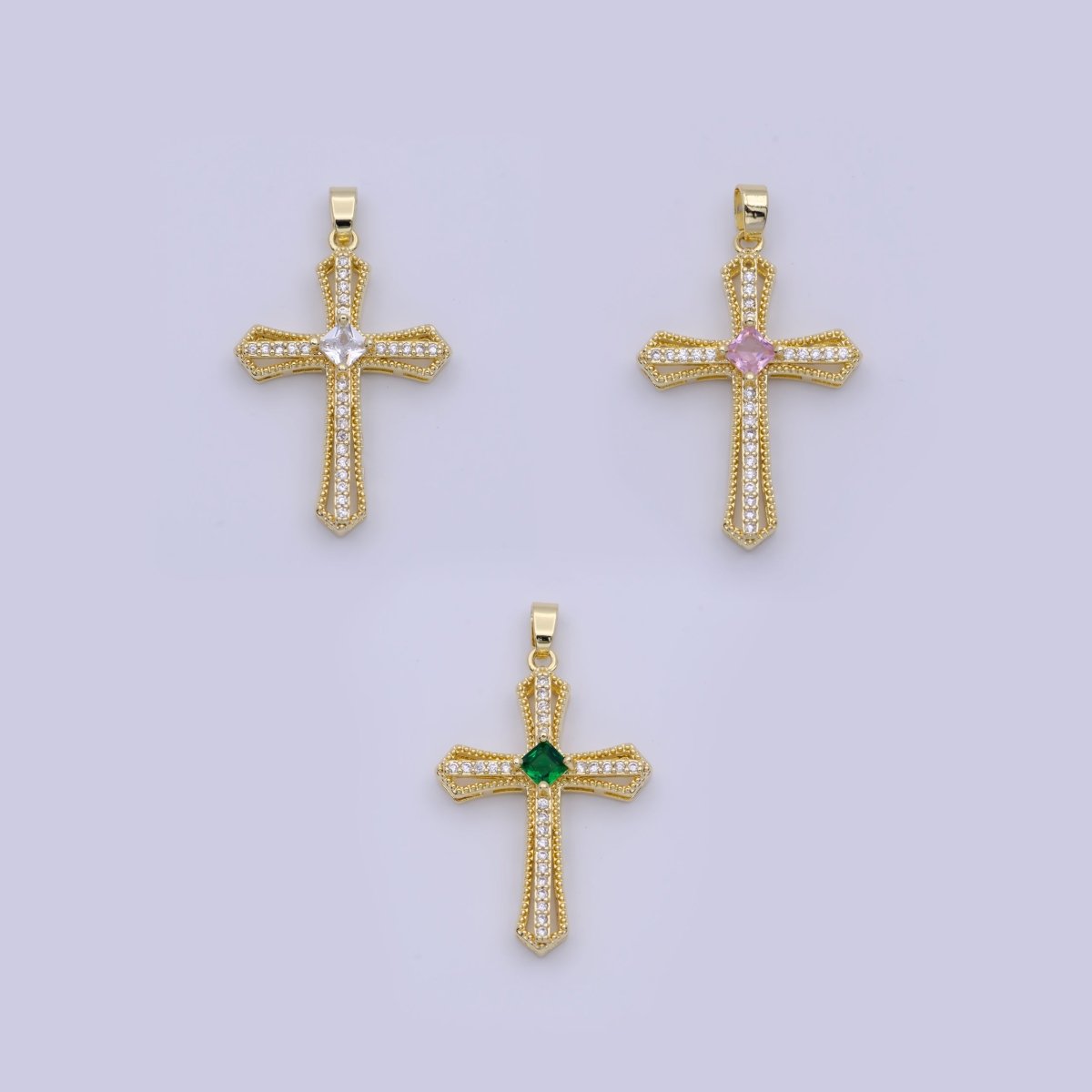 Beaded Micro Paved Rhombus CZ Clear, Pink, Green Religious Cross Pendant | X-494-X-496