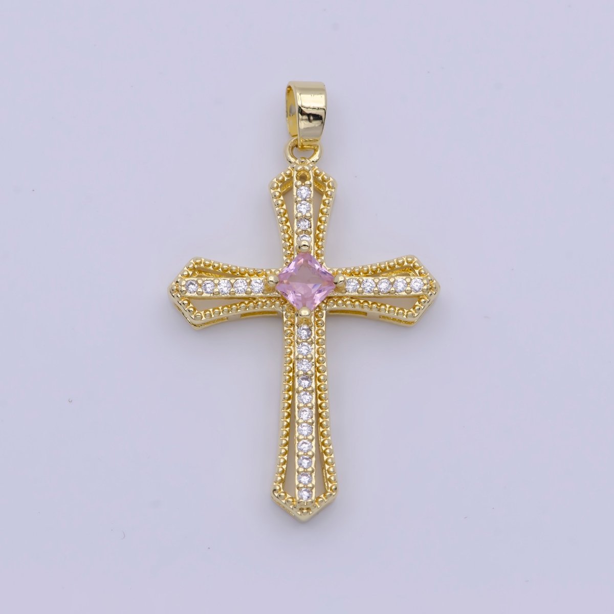 Beaded Micro Paved Rhombus CZ Clear, Pink, Green Religious Cross Pendant | X-494-X-496