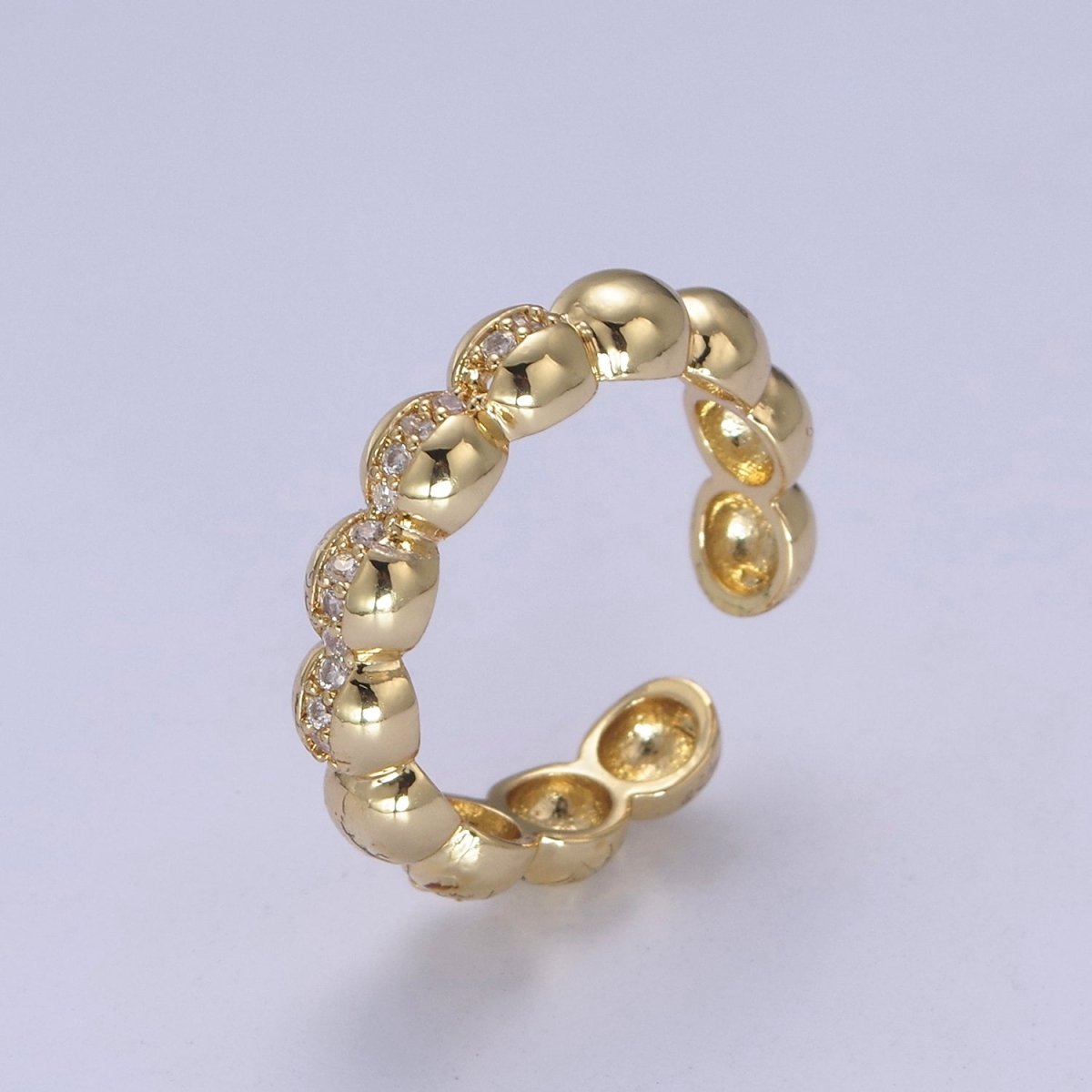Beaded Textured 24K Gold Filled Ring, Micro Pave CZ Open Adjustable Ring in Silver & Gold | U-444 U-445