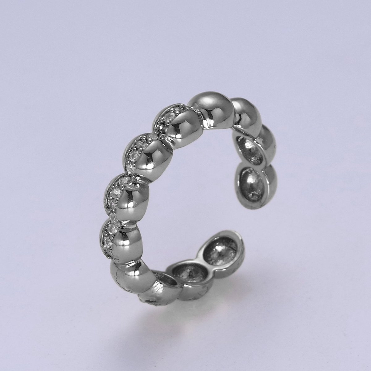 Beaded Textured 24K Gold Filled Ring, Micro Pave CZ Open Adjustable Ring in Silver & Gold | U-444 U-445