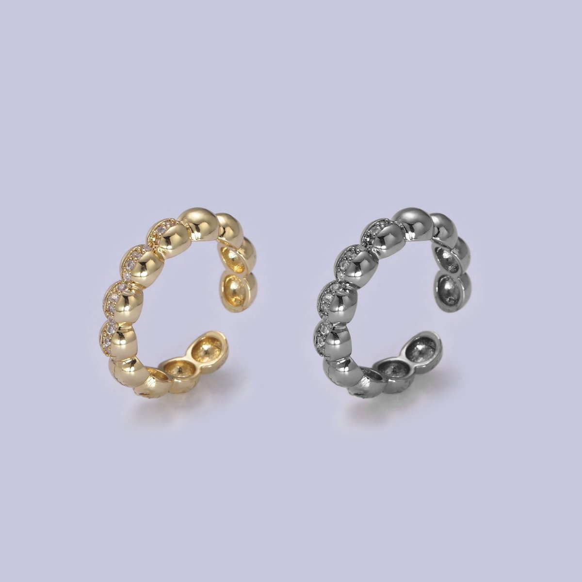 Beaded Textured 24K Gold Filled Ring, Micro Pave CZ Open Adjustable Ring in Silver & Gold | U-444 U-445