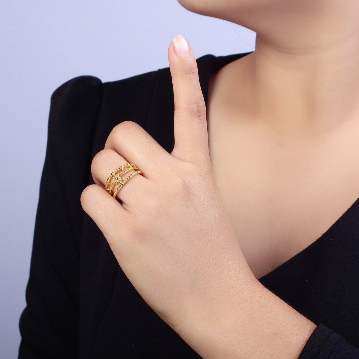 Beaded Triple Band Gold Sun Ring Stacking Celestial Jewelry Ring | AA1491 - DLUXCA