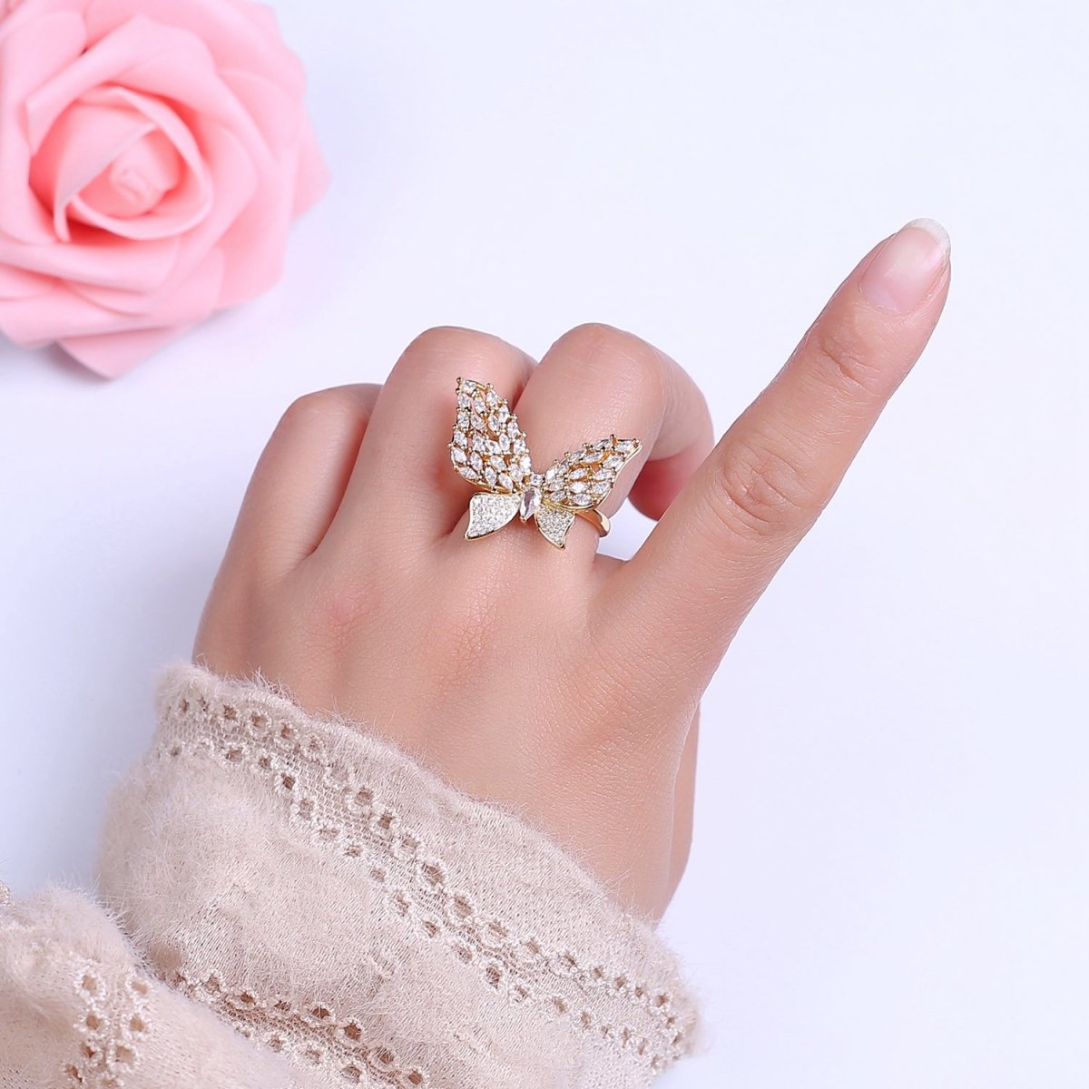 Big CZ Butterfly Ring | adjustable Statement Ring in 14k Gold Filled O-2044 - DLUXCA