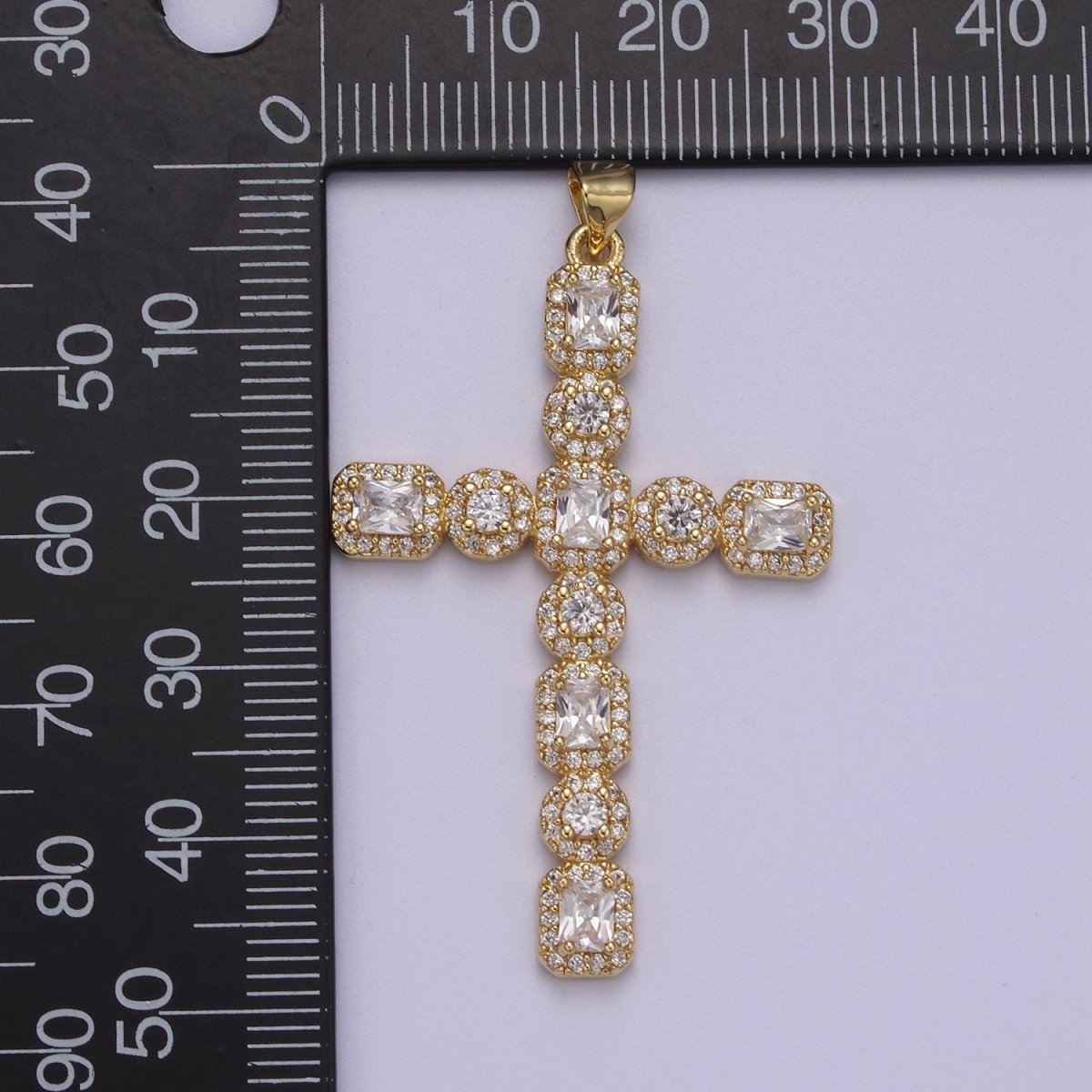 Big CZ Long Gold Cross Pendant, Gold Filled Cross CZ Charm, Cubic Zirconia Cross, Religious Jewelry, Rosary Pendant J-338 - DLUXCA