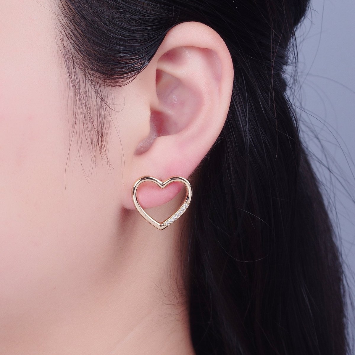 Big Gold Open Heart CZ Stud Earring T-468 - DLUXCA