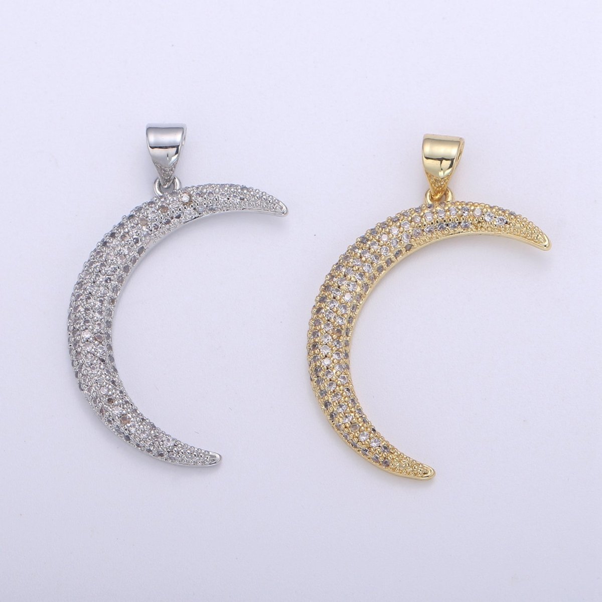 Big Micro Pave Crescent Moon Charm, CZ Clear 14K gold-White Gold Pendant, Cubic Necklace Charm Celestial Jewelry Making H-719 H-720