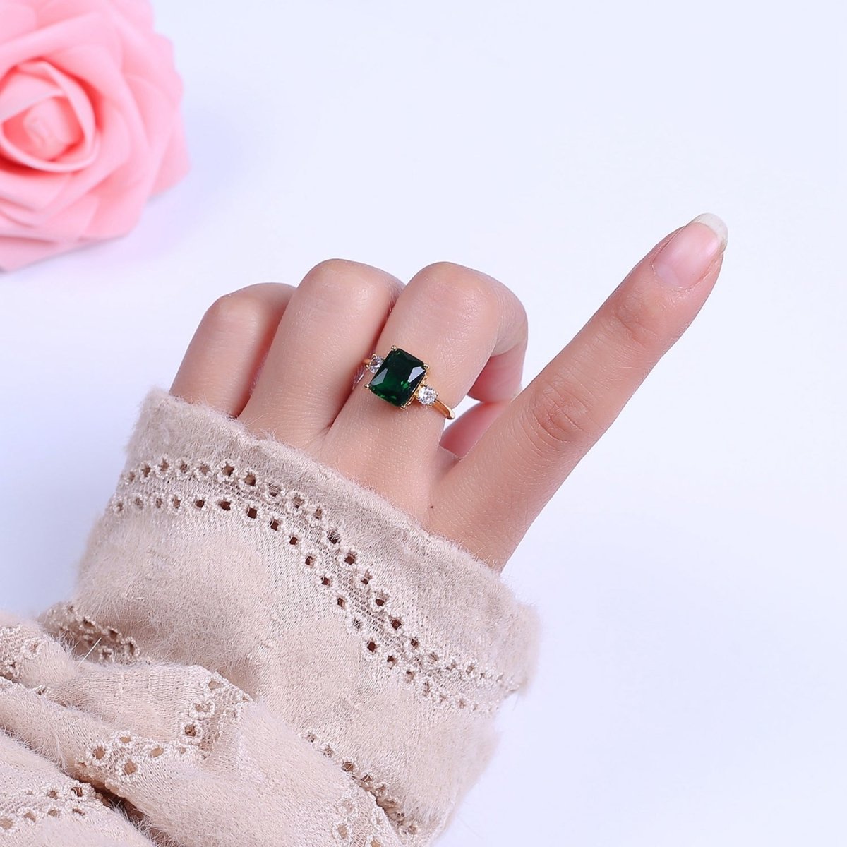 Big Square Emerald Green CZ Ring Gold Band open Adjustable Ring S-502 - DLUXCA