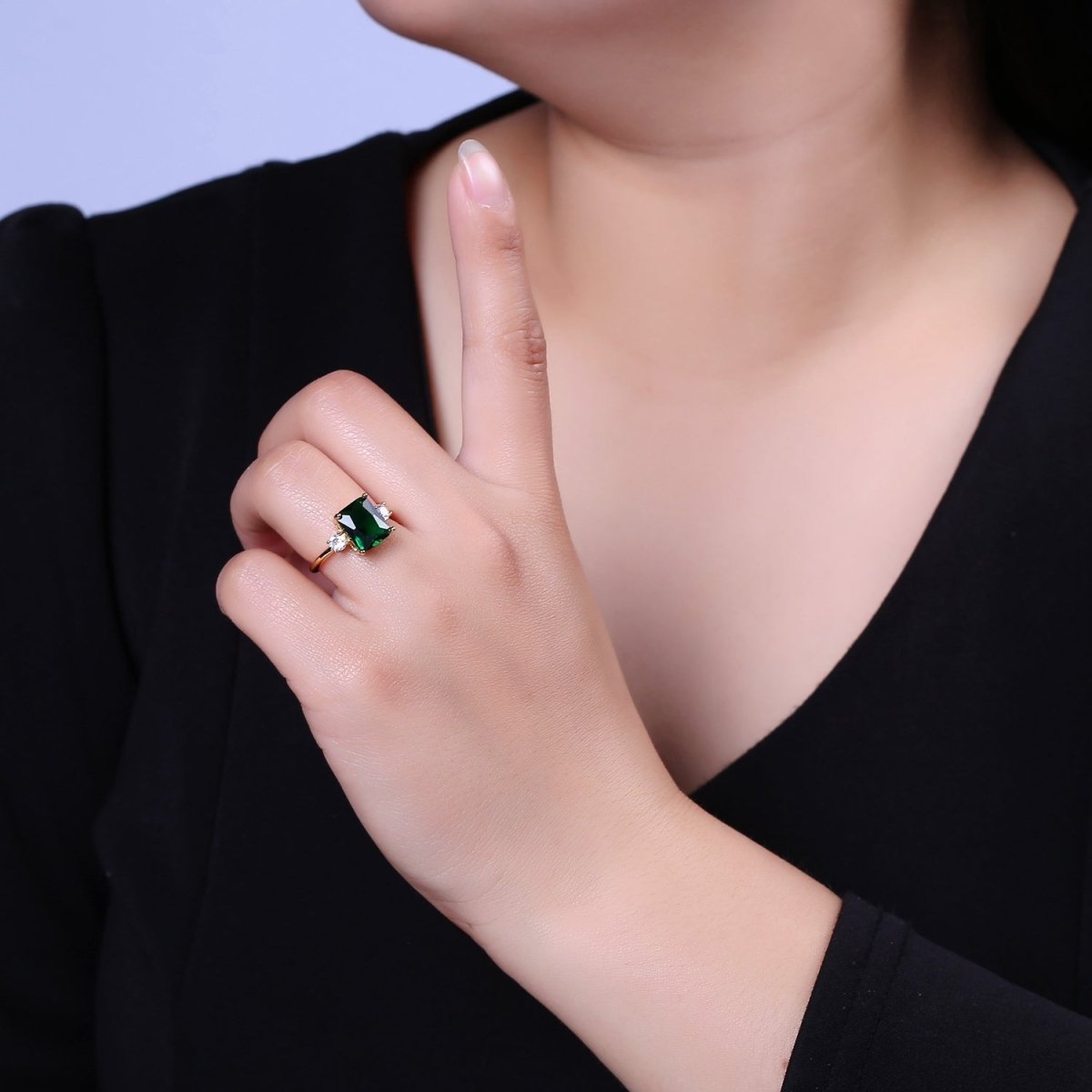 Big Square Emerald Green CZ Ring Gold Band open Adjustable Ring S-502 - DLUXCA
