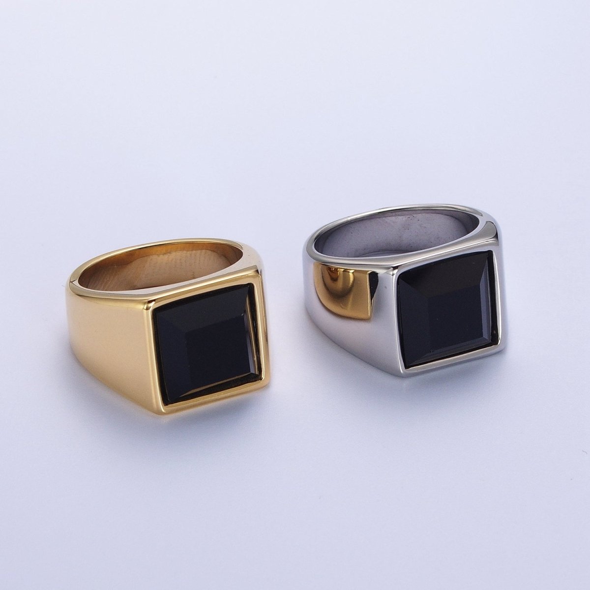 Black Cubic Zirconia Polished Square Gold & Silver Stainless Steel Ring | O-2005~ O-2008