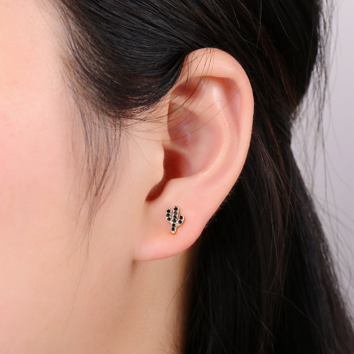 Black Micro Pave CZ Gold Cactus Stud Earring | Q-500 - DLUXCA