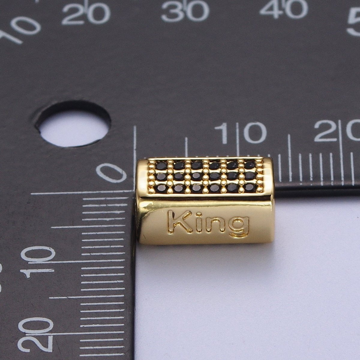 Black Micro Paved CZ Rectangular Bead with "King" Script Engraved in Gold & Silver |  B-073