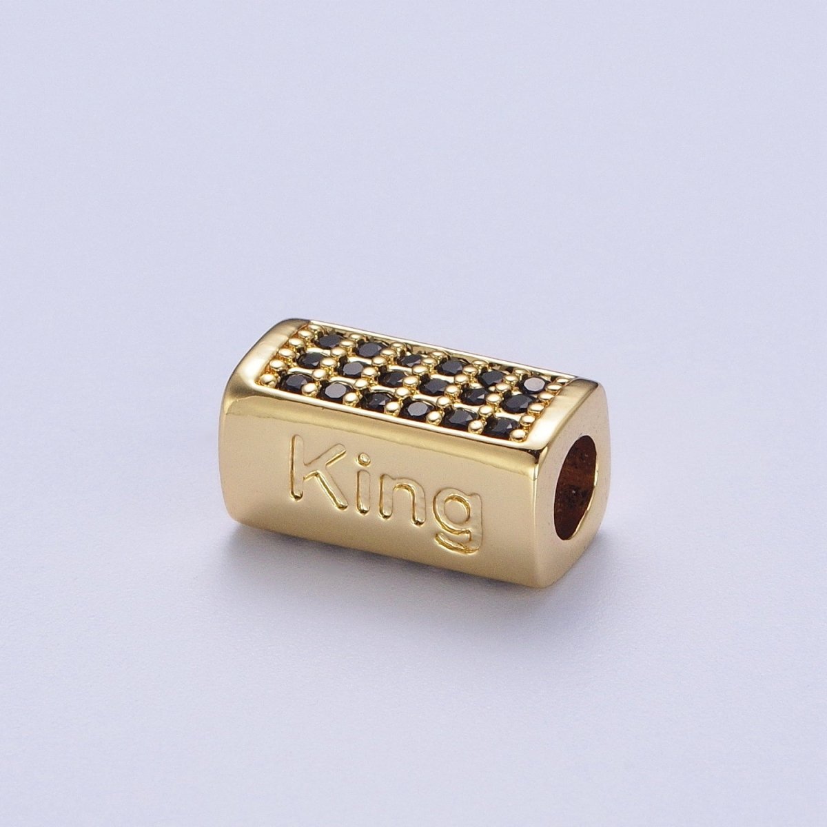 Black Micro Paved CZ Rectangular Bead with "King" Script Engraved in Gold & Silver |  B-073