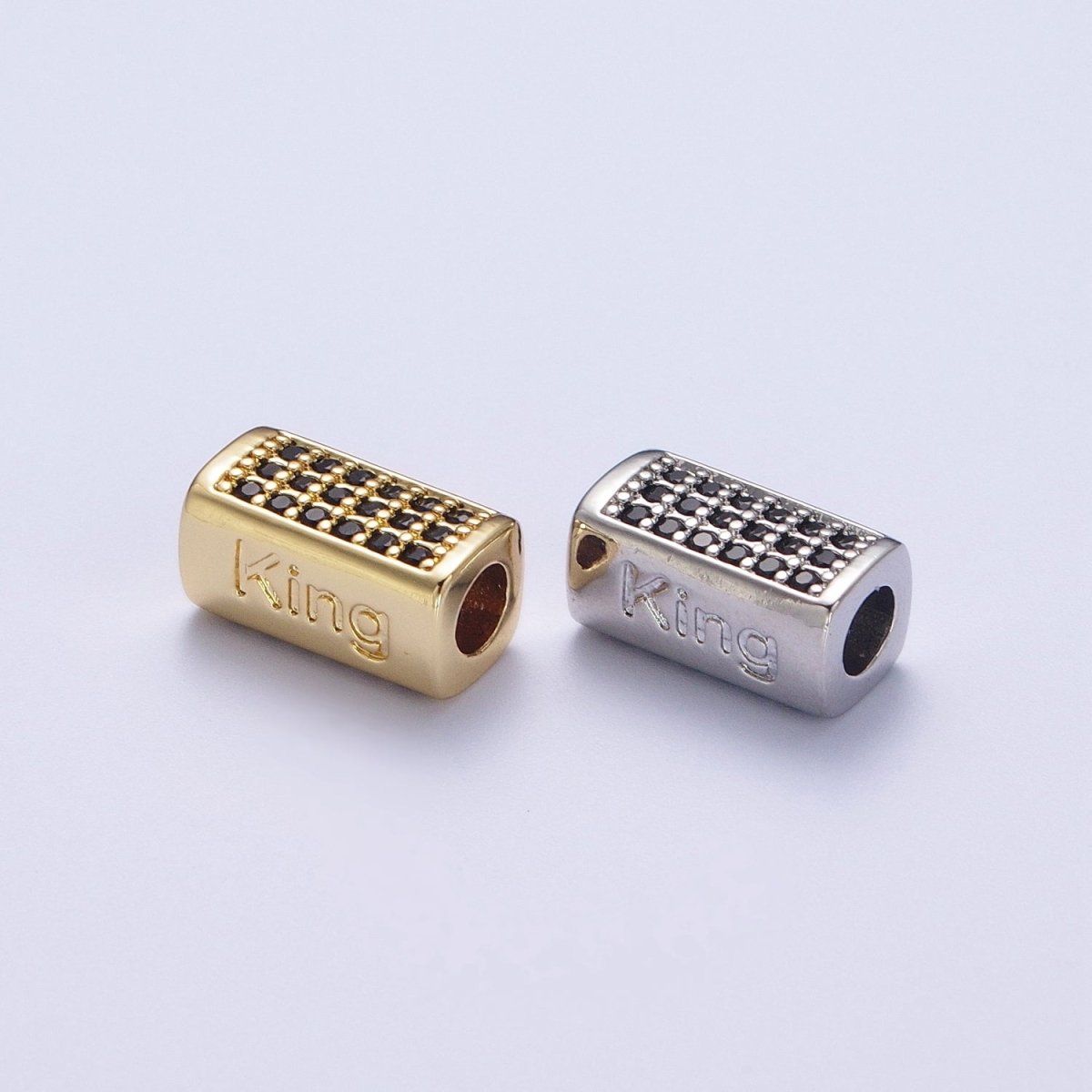 Black Micro Paved CZ Rectangular Bead with "King" Script Engraved in Gold & Silver |  B-073