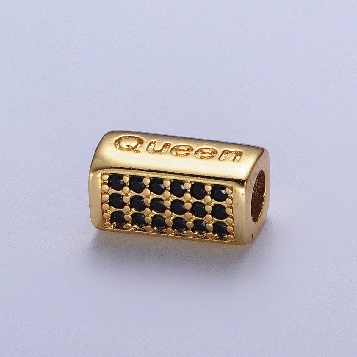 Black Micro Paved CZ Rectangular Bead with "Queen" Script Engraved in Gold & Silver, Jewelry Supply Making | B-936
