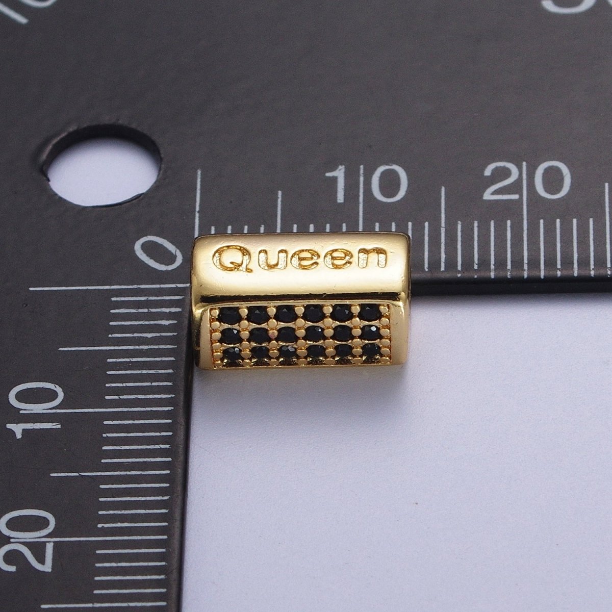 Black Micro Paved CZ Rectangular Bead with "Queen" Script Engraved in Gold & Silver, Jewelry Supply Making | B-936