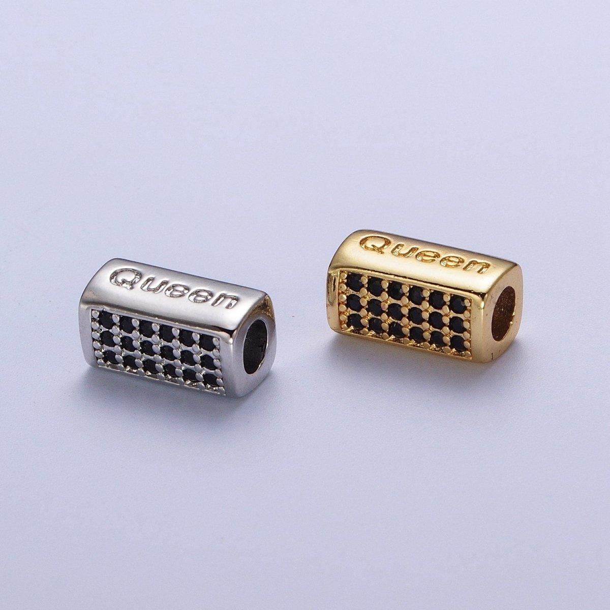 Black Micro Paved CZ Rectangular Bead with "Queen" Script Engraved in Gold & Silver, Jewelry Supply Making | B-936