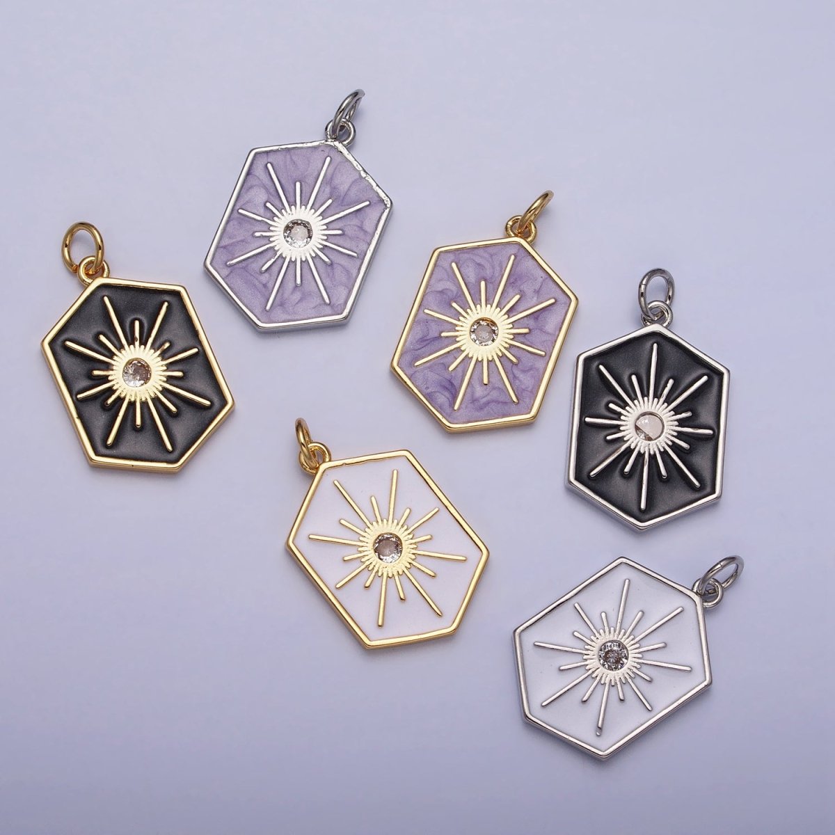 Black, White, Purple Hexagonal Celestial Sun Star Charm in Gold & Silver | AC320 - AC325