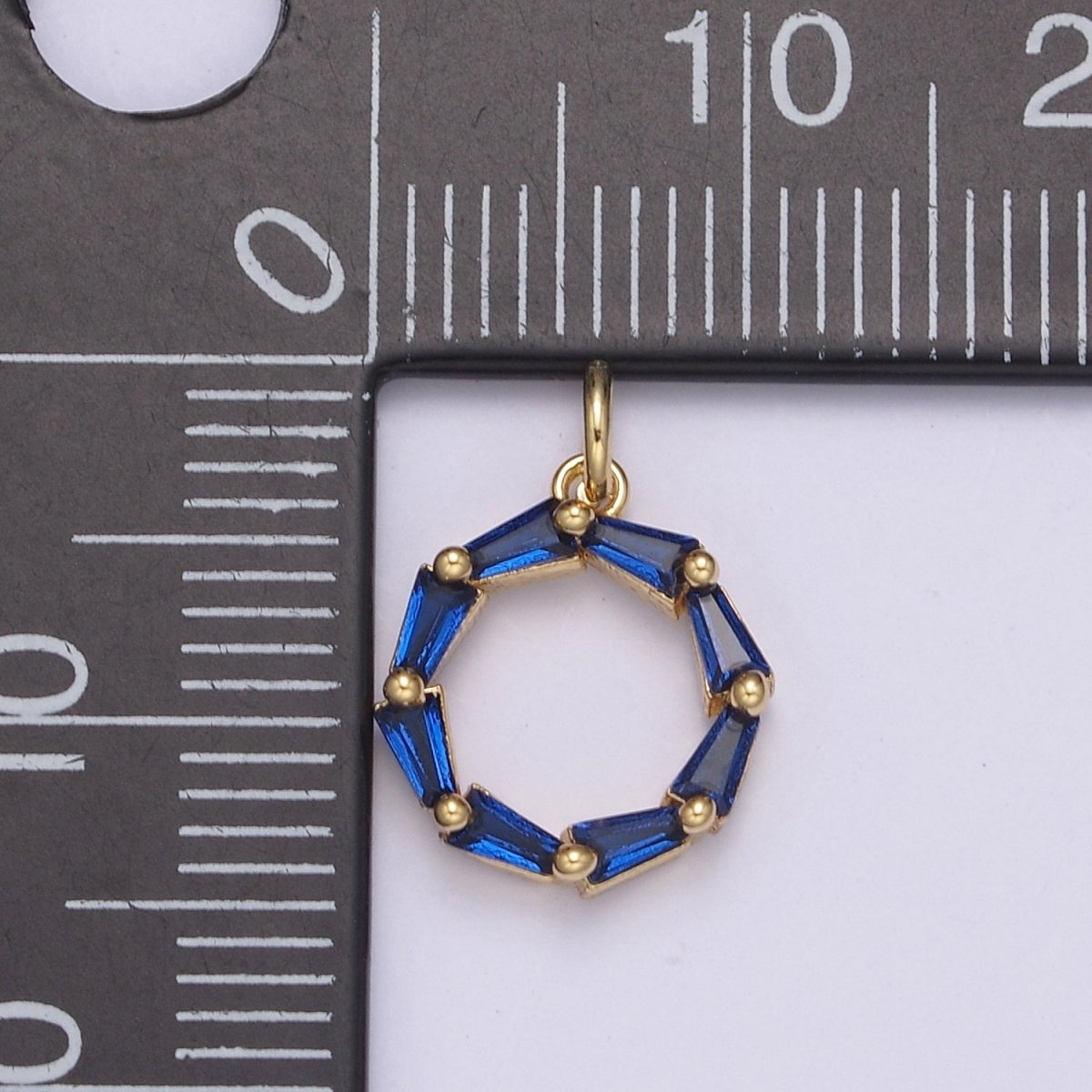 Blue Baguette Cubic Zirconia Charm, Dainty Round Circle CZ Charm, Birthstone Charm, 14K Gold Filled Charm N-753 - DLUXCA