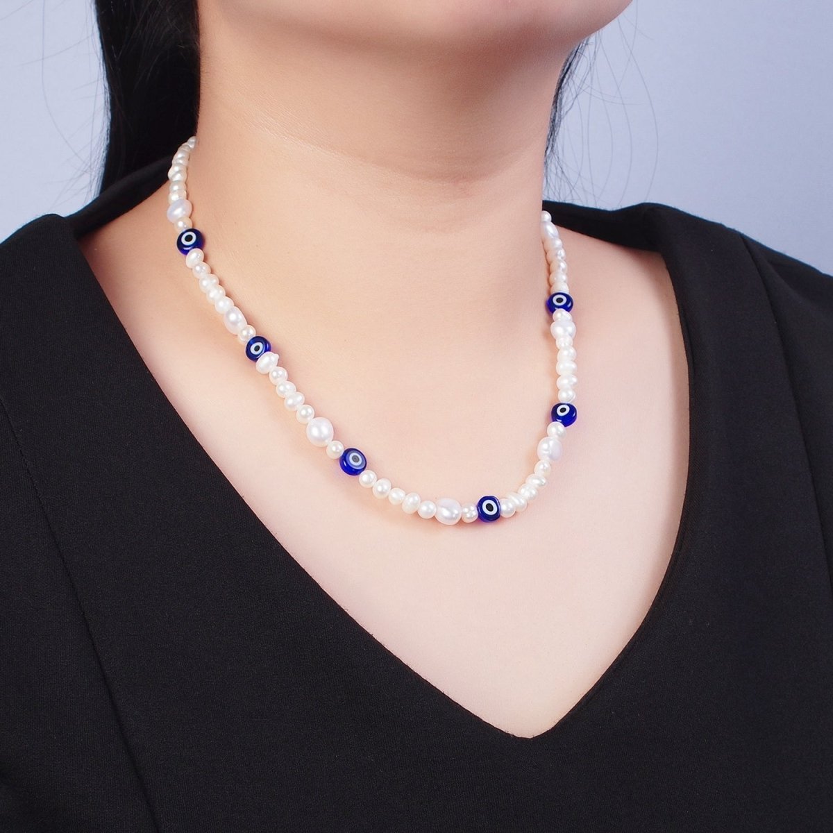 Blue Evil Eye Beaded Choker Necklace for Women Freshwater Pearl Choker Necklace Boho Handmade 18K Gold Filled Y2K Jewelry | WA-1024 Clearance Pricing - DLUXCA