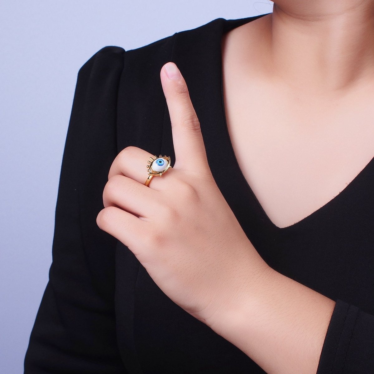 Blue Evil Eye of Ra Eyelash Bezel Gold Adjustable Protection Ring | O-2003 - DLUXCA