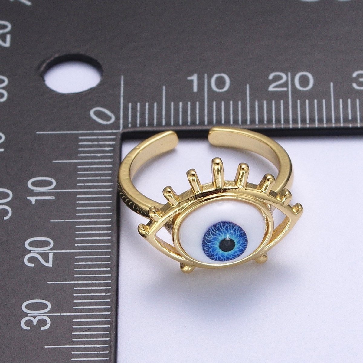 Blue Evil Eye of Ra Eyelash Bezel Gold Adjustable Protection Ring | O-2003 - DLUXCA