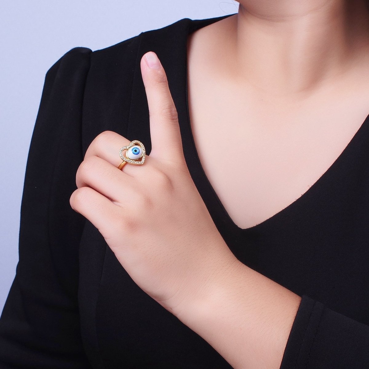 Blue Evil Eye of Ra Heart Love Micro Paved CZ Bezel Gold Adjustable Protection Ring | O-2004 - DLUXCA