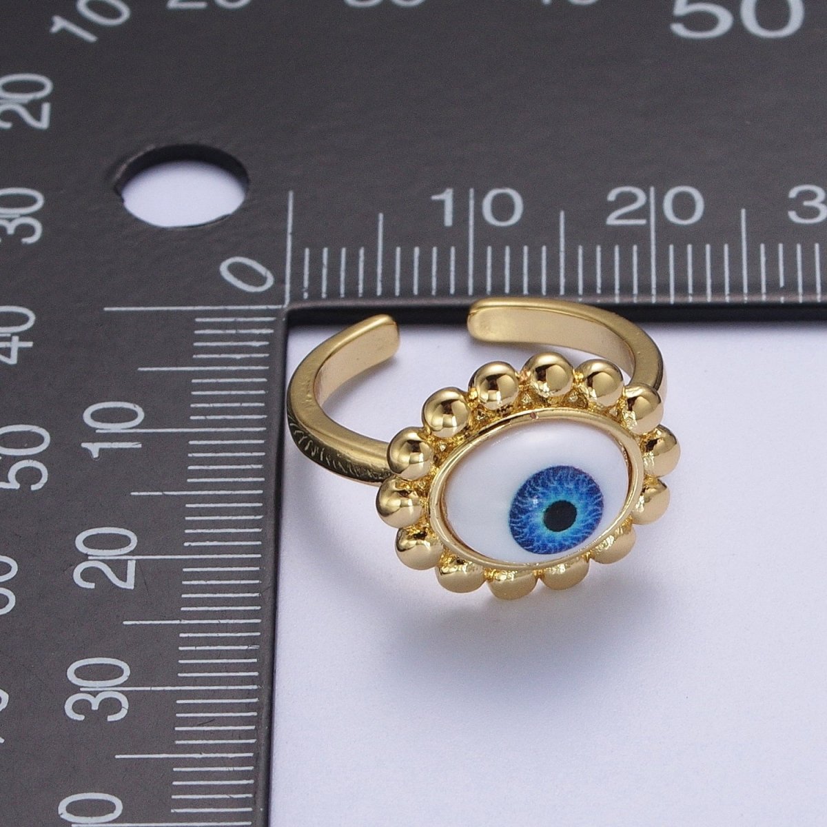 Blue Evil Eye of Ra Round Beaded Bezel Gold Adjustable Protection Ring | O-2001 - DLUXCA
