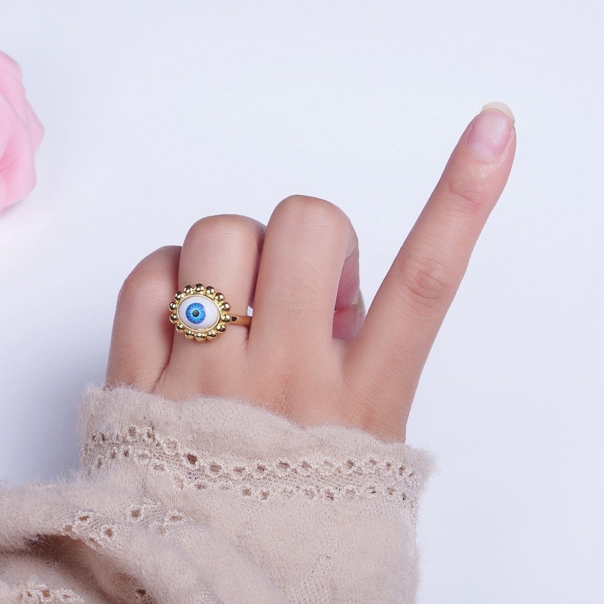 Blue Evil Eye of Ra Round Beaded Bezel Gold Adjustable Protection Ring | O-2001 - DLUXCA