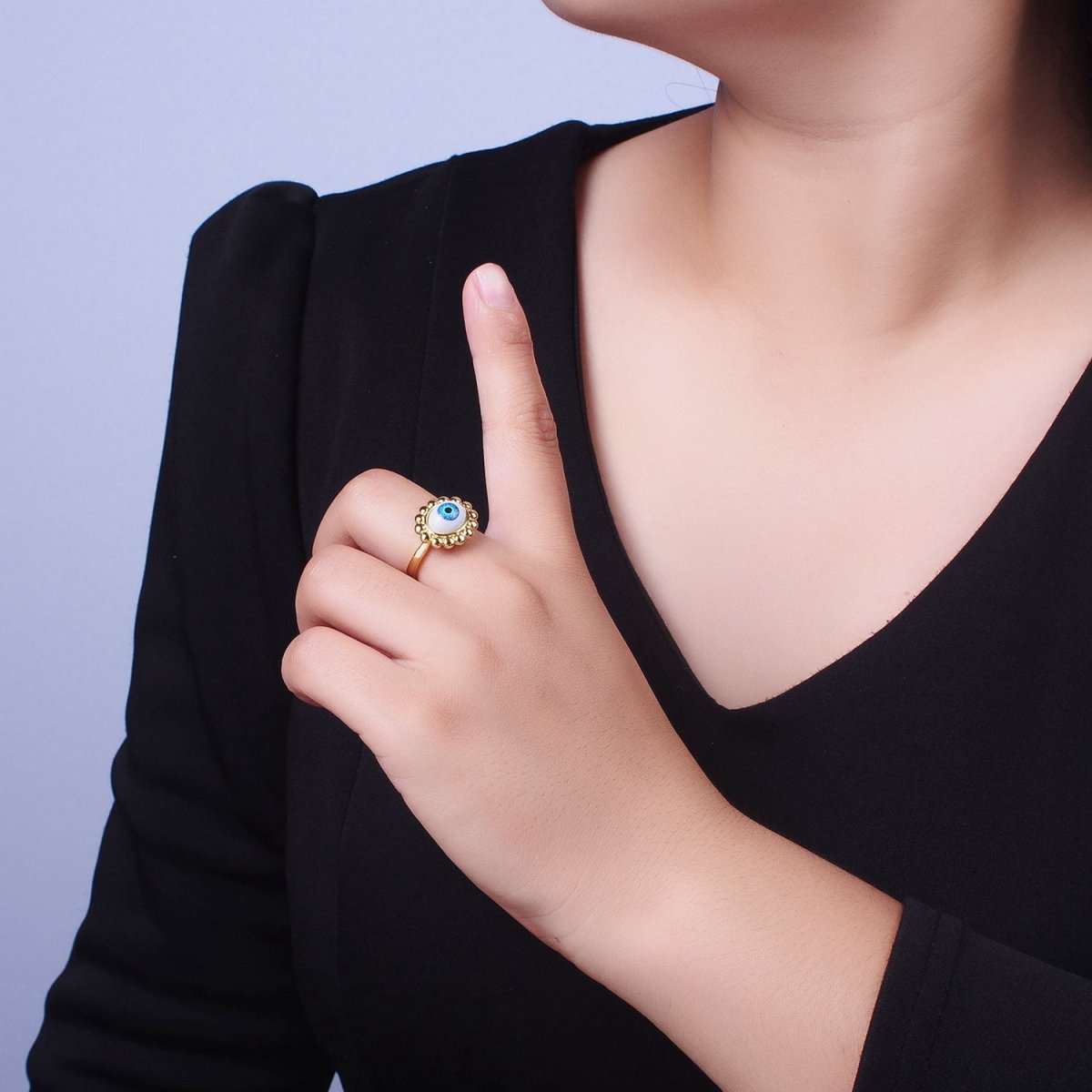 Blue Evil Eye of Ra Round Beaded Bezel Gold Adjustable Protection Ring | O-2001 - DLUXCA