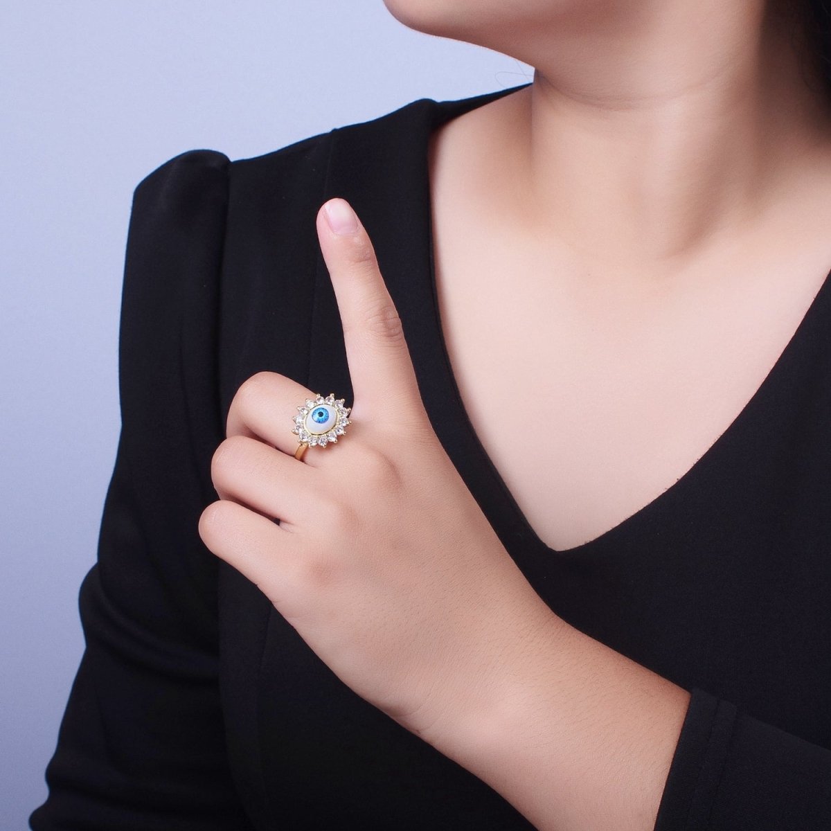 Blue Evil Eye of Ra Round Cubic Zirconia Bezel Gold Adjustable Protection Ring | O-2000 - DLUXCA