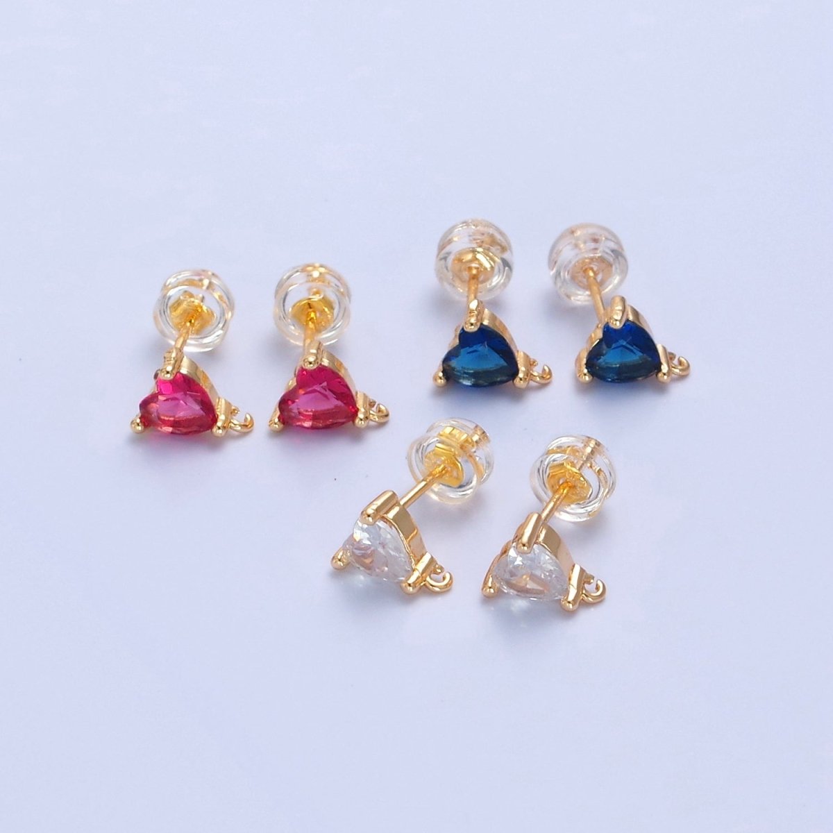 Blue / Fuchsia / Clear Heart Cubic Zirconia Gold Studs Open Loop Drop Earrings Supply  L-763~L-765
