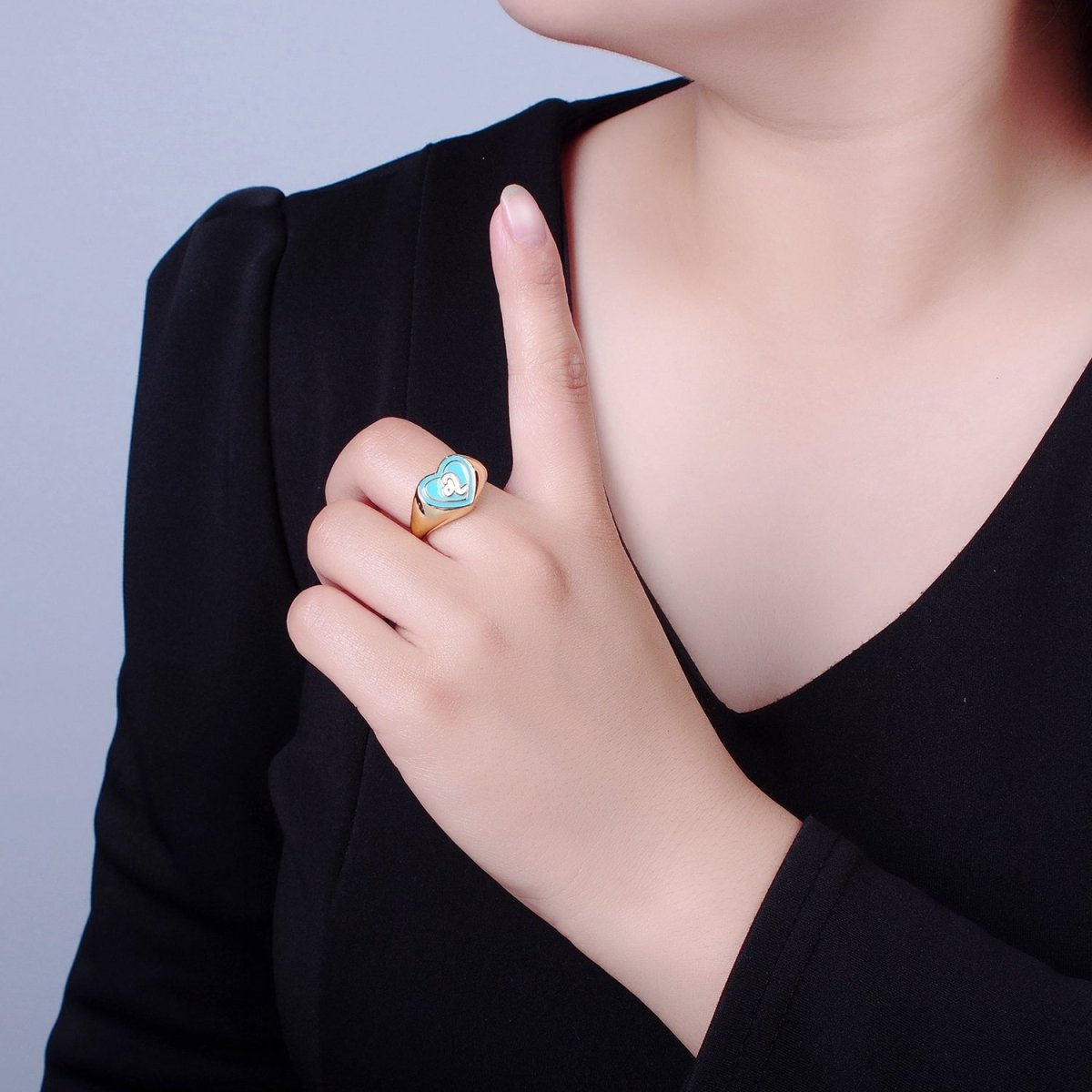 Blue Heart Signet Adjustable Ring White Snake Ring O-2231 - DLUXCA