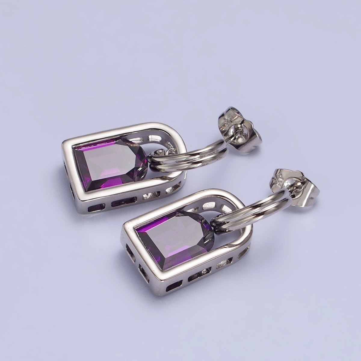 Blue, Pink, Orange, Yellow, Purple, Red, Clear Capsule Drop Dangle J-Shaped Silver Earrings | AB278 - AB284