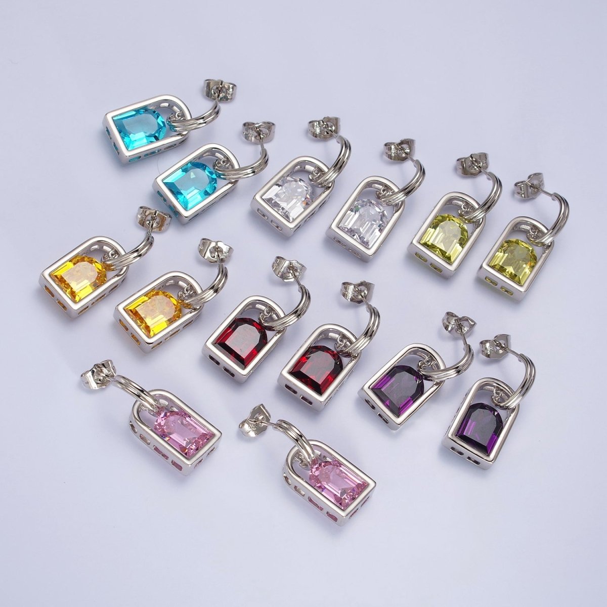 Blue, Pink, Orange, Yellow, Purple, Red, Clear Capsule Drop Dangle J-Shaped Silver Earrings | AB278 - AB284