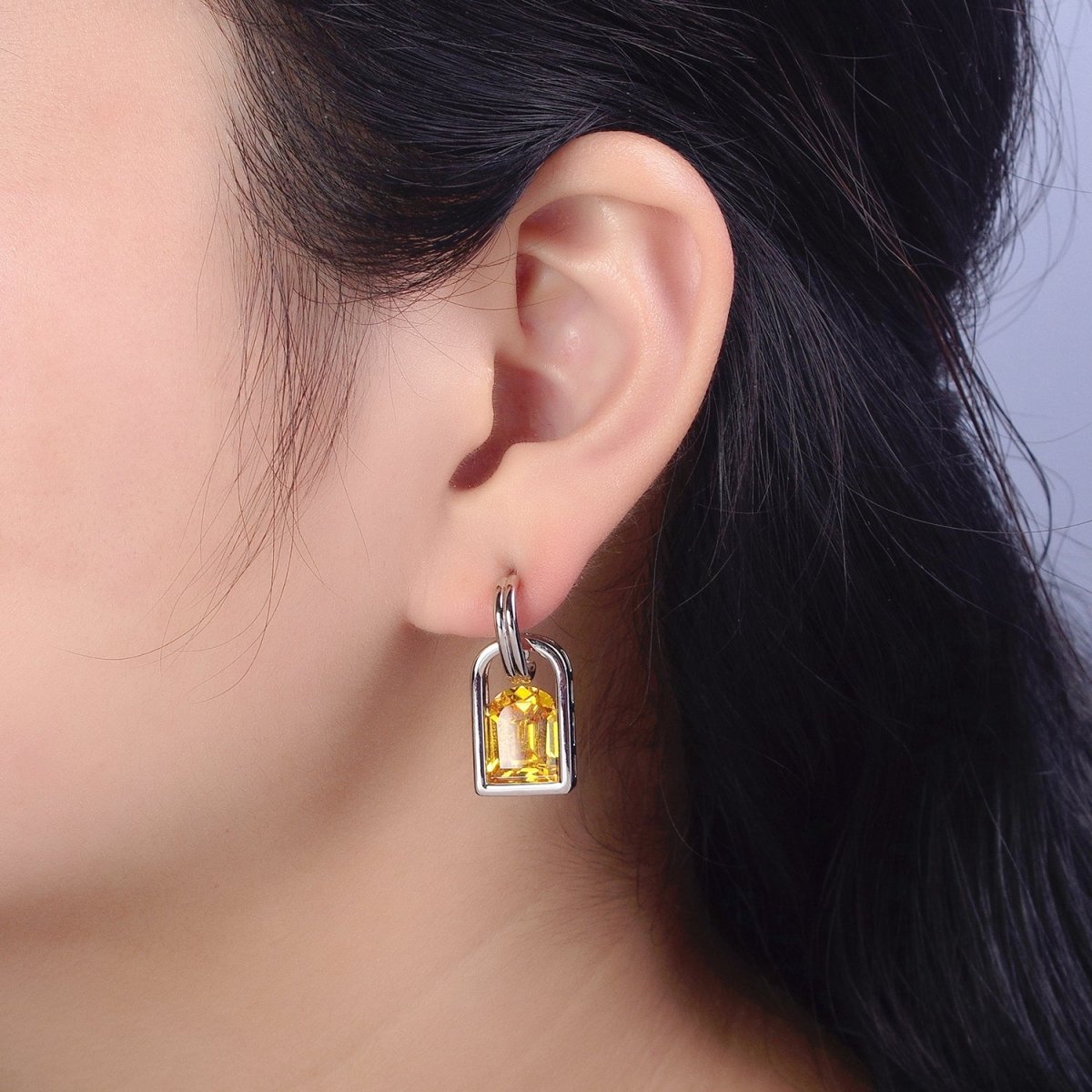 Blue, Pink, Orange, Yellow, Purple, Red, Clear Capsule Drop Dangle J-Shaped Silver Earrings | AB278 - AB284