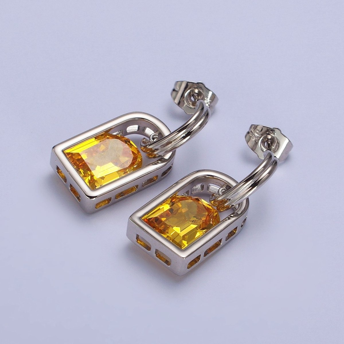 Blue, Pink, Orange, Yellow, Purple, Red, Clear Capsule Drop Dangle J-Shaped Silver Earrings | AB278 - AB284